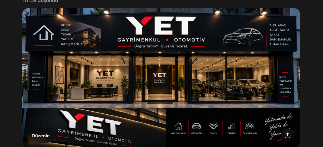 YET kurumsal tasarım konsepti: siyah tabela, kırmızı vurgular, gayrimenkul ofisi ve otomotiv alanı